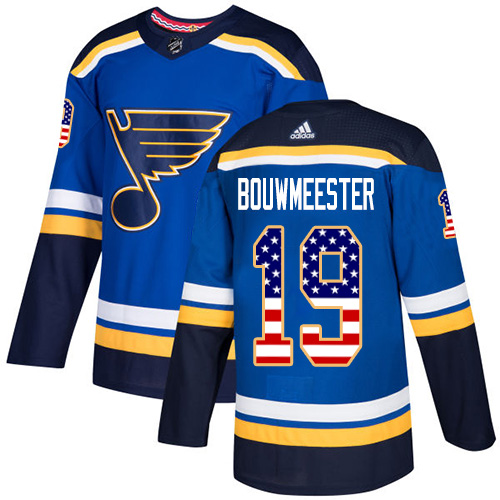 Adidas Blues #19 Jay Bouwmeester Blue Home Authentic USA Flag Stitched NHL Jersey